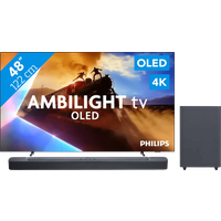 Koop Philips Ambilight 48'' OLED760 4K (2025) + JBL Bar 2.1 Deep Bass M2 Zwart voor laagste prijs